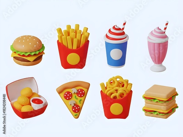 Obraz Fast food fun. 3d icons collection featuring burgers, pizza, and more