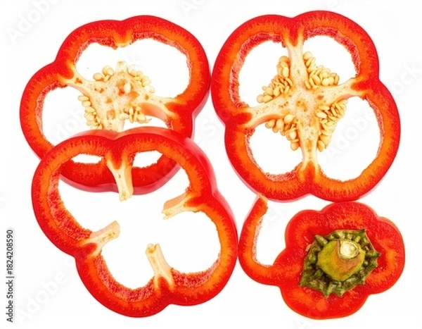 Fototapeta Sliced red bell peppers, top view, seeds exposed