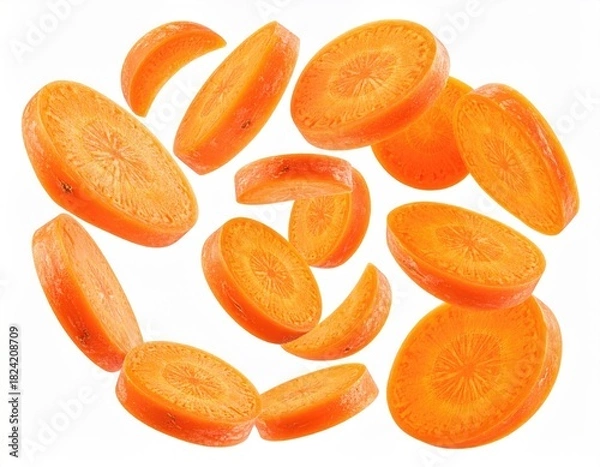 Fototapeta Carrot slices, scattered, circular, vibrant orange on white