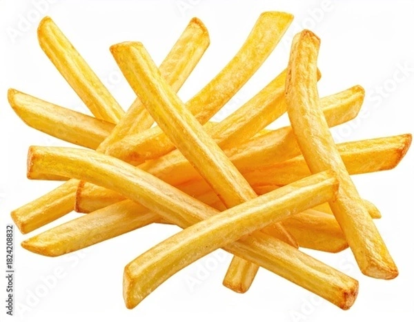 Fototapeta Golden fries pile on a white backdrop