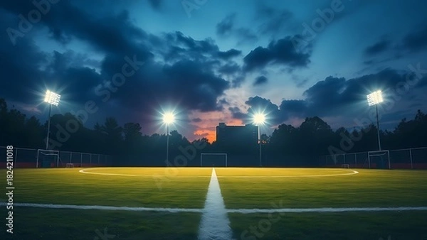 Fototapeta floodlights. Empty football field illuminated by floodlights at dusk, creating a serene and atmospheric scene. event key visuals.