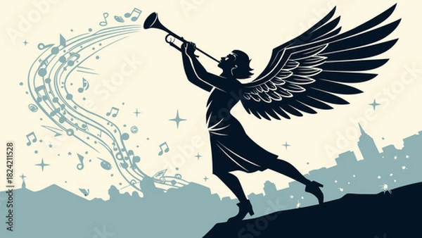 Fototapeta Dynamic winged silhouette playing trumpet, musical notes float over a cityscape, vector origin art