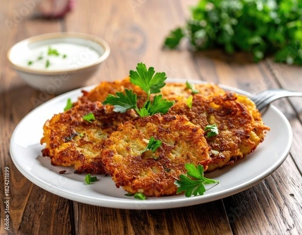 Fototapeta Crispy potato pancakes with sauce, herbs on wooden table