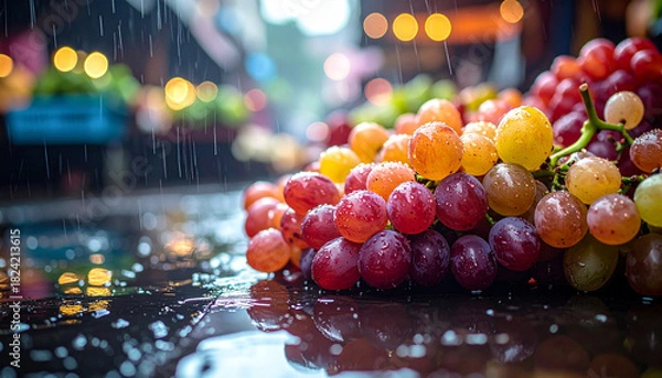 Fototapeta Fresh grapes on wet market table with tiny water drops after rainfall
