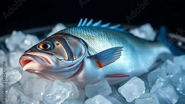 Fototapeta seabass. Fresh sea bass on ice, its glistening scales captured in cool, crisp detail. menu design, packaging mockups, designed for food delivery and cloud-kitchen brand materials.