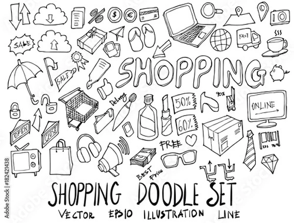 Fototapeta Set of Shopping illustration Hand drawn doodle Sketch line vector eps10
