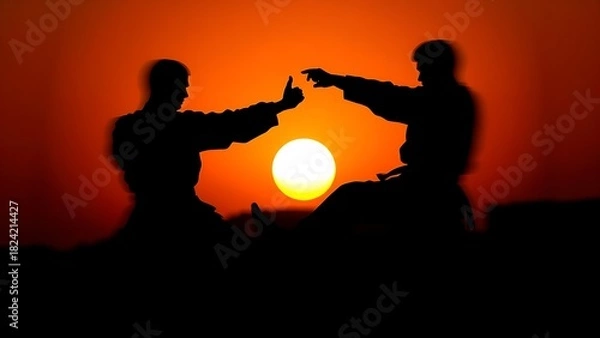 Fototapeta kungfu. Two martial artists in dynamic silhouettes against a sunset, capturing energy and movement in an abstract style. inspiring travel planning.