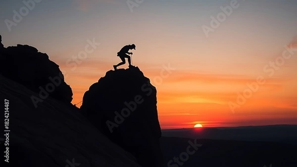 Fototapeta wideangle. A lone climber silhouetted on a rock formation at dusk, framed by a vibrant sunset color palette. inspiring travel planning.