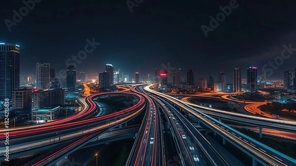 Fototapeta interchange. Urban highway at night with vibrant light trails, capturing the dynamic energy of the city after dark. mobility guides, transit brochures, designed for mobility and urban transit guides.