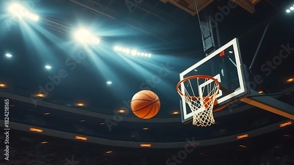 Fototapeta midair. A basketball frozen mid-air near the hoop, radiating intense energy with dynamic lighting and motion. event key visuals.