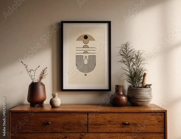 Obraz Abstract art print on beige background, featuring concentric shapes and lines, displayed on a wooden dresser with vases