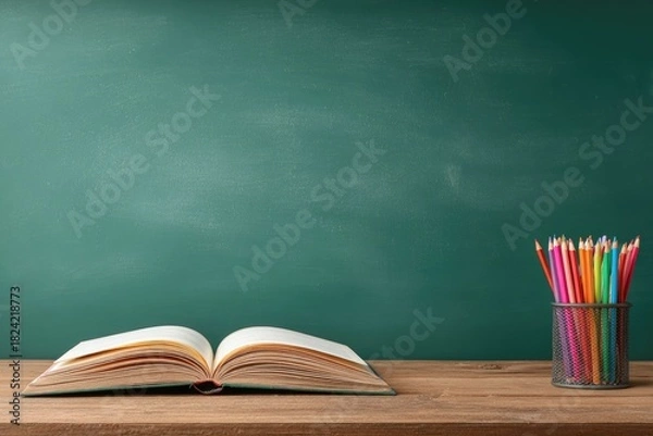 Obraz Open book on wooden table, colorful pencils, teal chalkboard