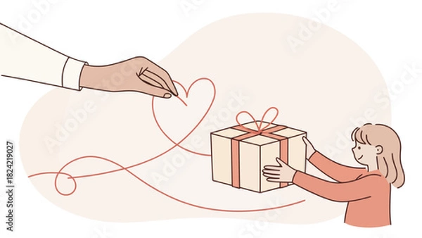 Fototapeta Giving is love, a heart string ties the gift to a grateful child, sharing joy and celebration