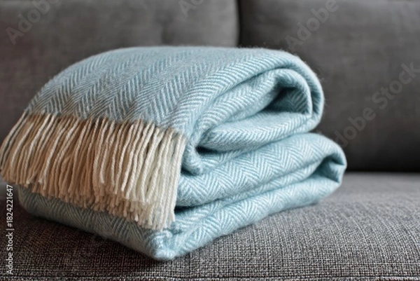 Obraz Folded light teal herringbone throw blanket on a gray sofa