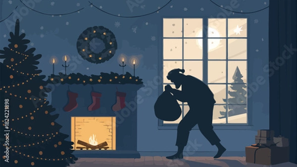 Fototapeta Mischievous silhouette steals Christmas gifts near fireplace, adding playful holiday humor to your project