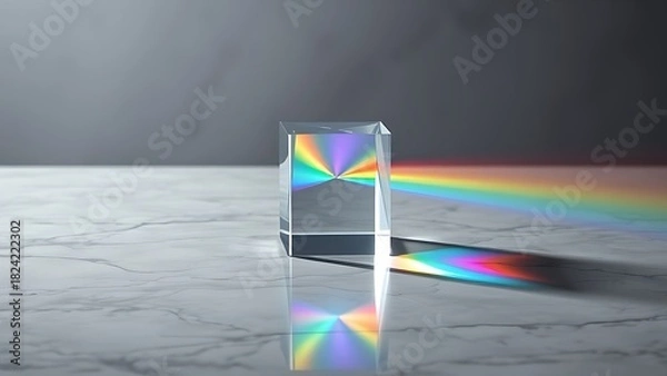 Fototapeta diffraction. Glass prism creating rainbow light refraction on a sleek marble surface. STEM education sheets, lab safety posters, designed for biotech research communications, used by radiologists.