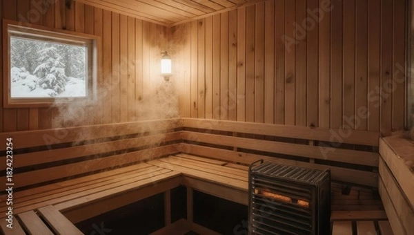 Obraz Inviting sauna interior with wooden benches and a view.