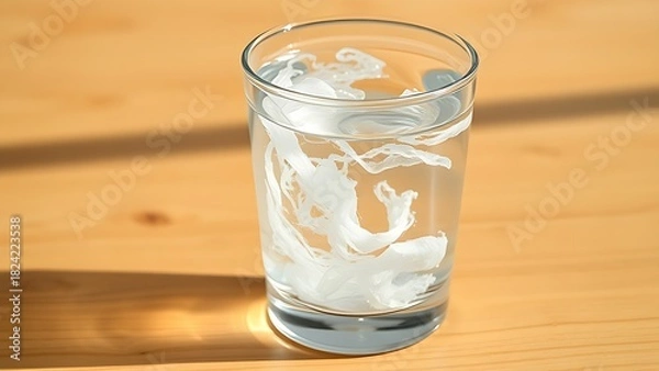 Fototapeta psyllium. A glass of water with psyllium husk fibers creating organic swirls, lit from the side on a wooden table. bar promotions, beverage menus, designed for product packaging and bar promotions.