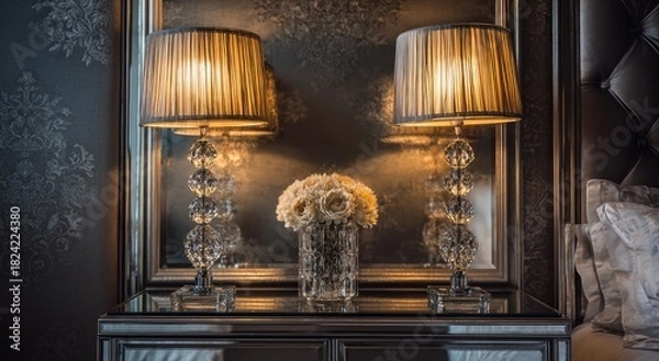 Obraz Two elegant lamps on a mirrored nightstand, illuminating a vase of flowers