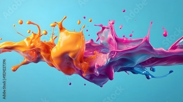 Fototapeta Vibrant orange and pink paint collide in mid air forming an abstract splash against a light blue backdrop.