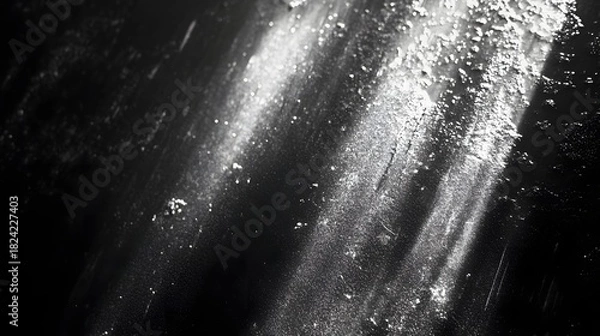 Fototapeta An abstract close up shows white powder dusted diagonally across a dark, textured surface with harsh lighting.