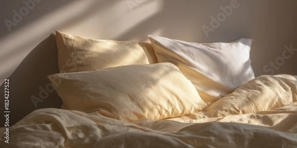 Obraz Soft, warm beige bedding in a sunlit bedroom