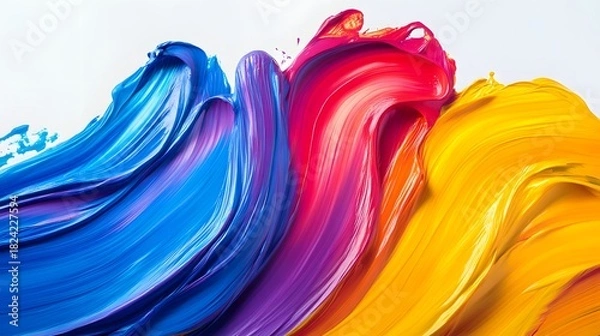 Fototapeta Vibrant waves of blue, purple, red, and yellow paint blend together in a colorful abstract composition.