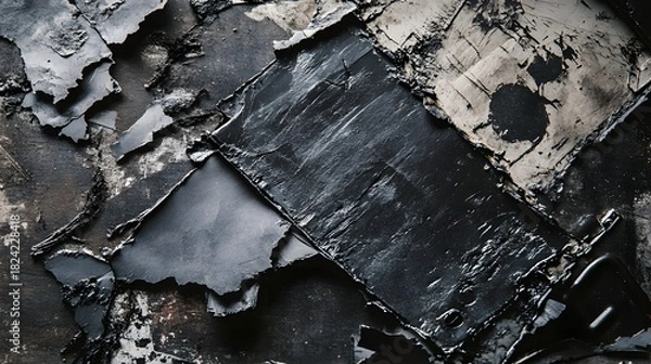 Fototapeta Abstract black and grey textured background featu layers of peeling paint and weathered surface details.