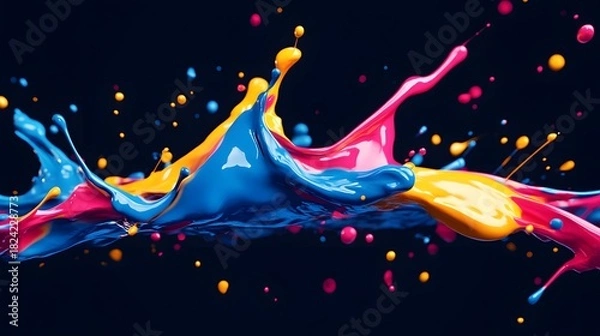 Fototapeta Bright colorful paint splashes with yellow, blue, and pink merge together on a dark, black background backdrop.