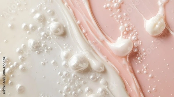Fototapeta Abstract close up of cream, oil, and bubbles creating smooth swirls and textures on light pink background.