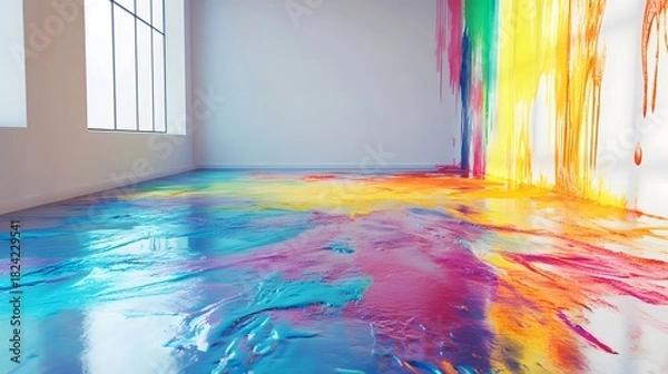 Fototapeta Vibrant colorful paint spills and flows freely throughout a spacious white room creating an artistic mess.