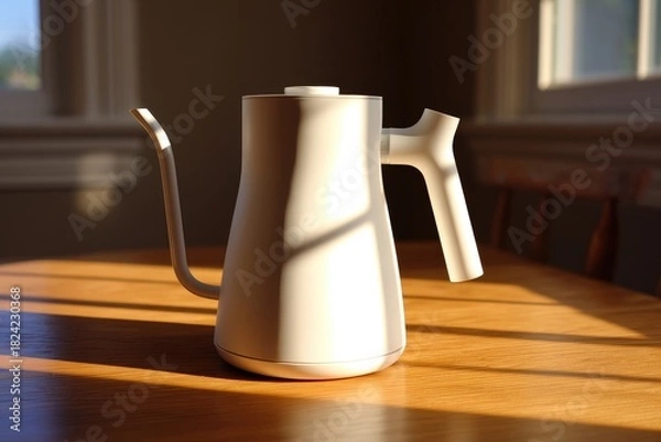 Obraz Modern white kettle on light wooden table