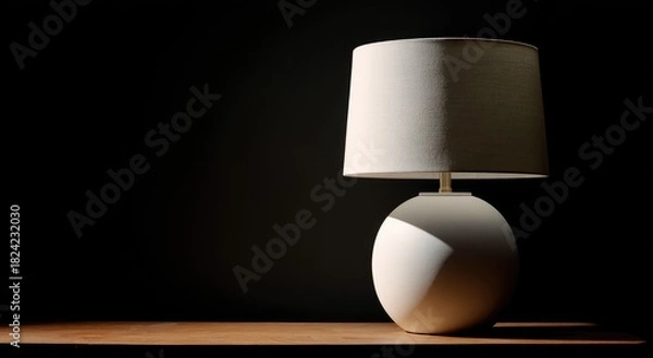 Obraz A simple, cream-colored table lamp casts a soft shadow in a dark room