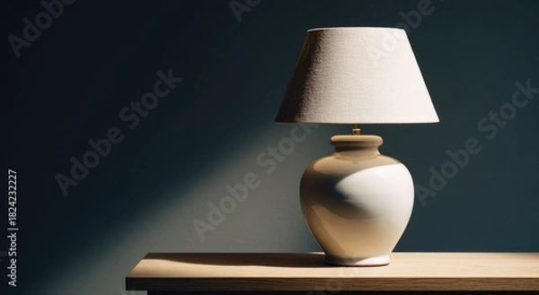 Fototapeta Cream-colored table lamp on light wood surface