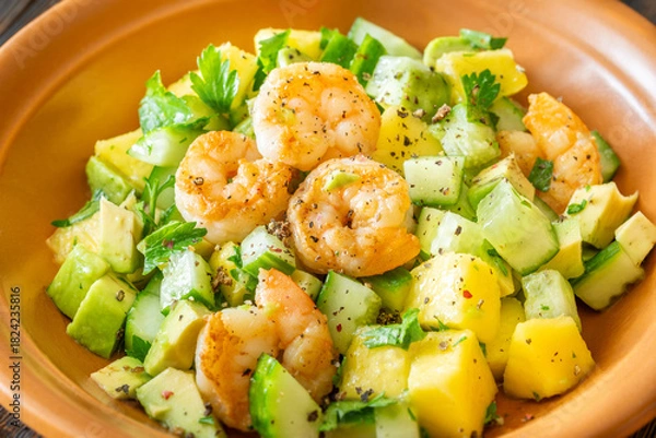 Fototapeta Fresh shrimp salad with mango, avocado, cucumber in lemon olive dressing