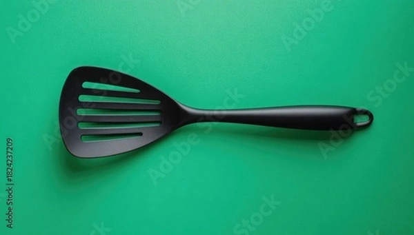 Obraz Black plastic spatula on a teal background