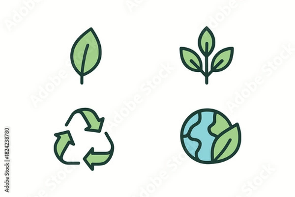 Fototapeta Set of four green eco friendly icons including leaves recycling symbol and planet earth