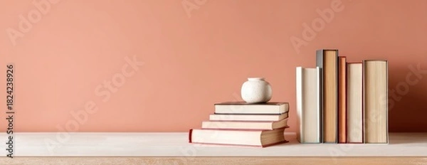 Obraz Stacked books and a vase on a light-colored shelf against a peach wall