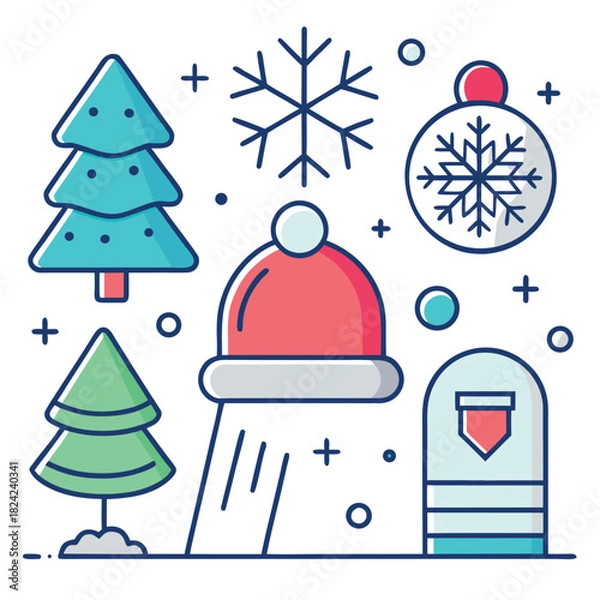 Obraz Cute winter icons in flat outline style, including, snowflakes, ornaments, and a Santa hat, with soft colors and clean line art