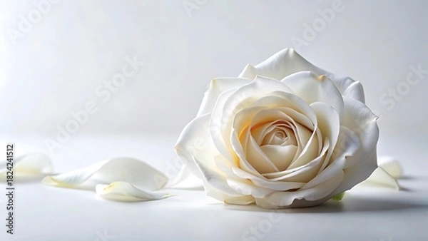 Fototapeta Beautiful white rose with delicate petals on a reflective surface, soft focus