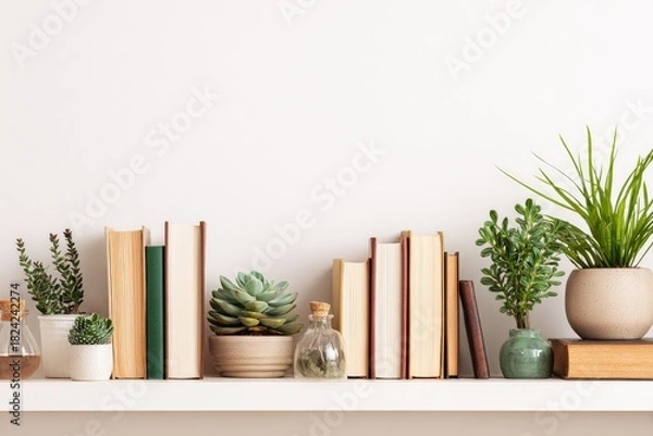 Obraz White shelf with books and succulents