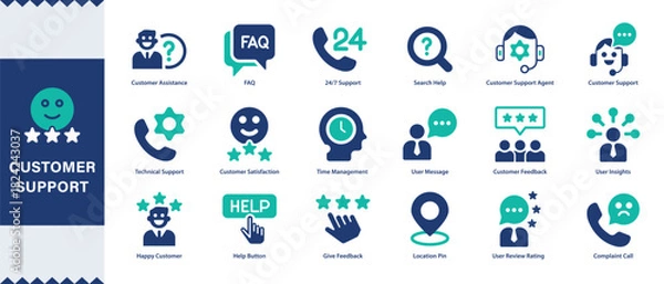 Fototapeta Customer service ,Customer support  icon set. Containing customer satisfied, assistance, experience, feedback, operator and technical support icons. Solid icon collection.