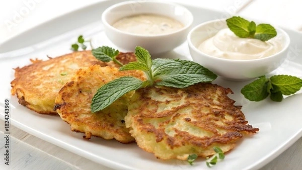 Obraz Delicious potato pancakes with sour cream and mint on a white plate, isolated on white background