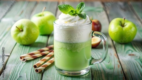 Fototapeta Refreshing green apple smoothie with mint in a mason jar on a rustic wooden table