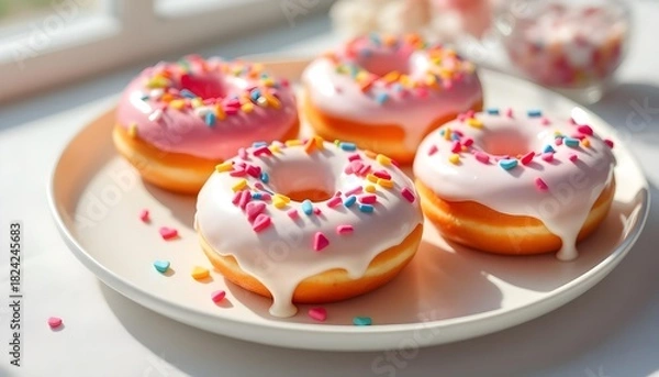 Fototapeta Valentine’s Day-themed donuts topped with sprinkles and icing