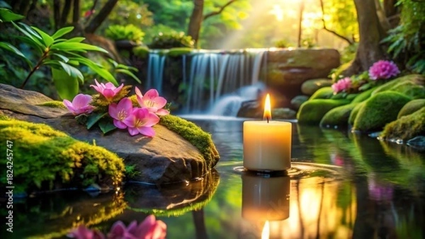 Fototapeta Serene candle floating on water with pink flowers and a waterfall in a tranquil forest
