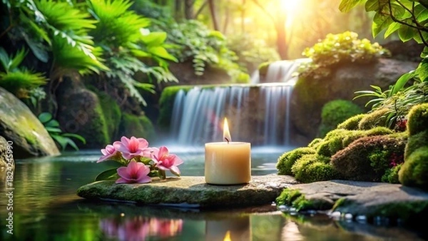 Fototapeta Serene candle floating on water with pink flowers and a waterfall in a tranquil forest