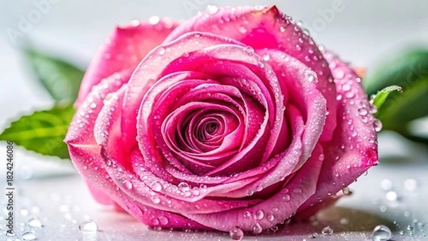 Fototapeta Beautiful pink rose with water droplets on petals and surrounding surface