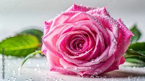 Fototapeta Beautiful pink rose with water droplets on petals and surrounding surface