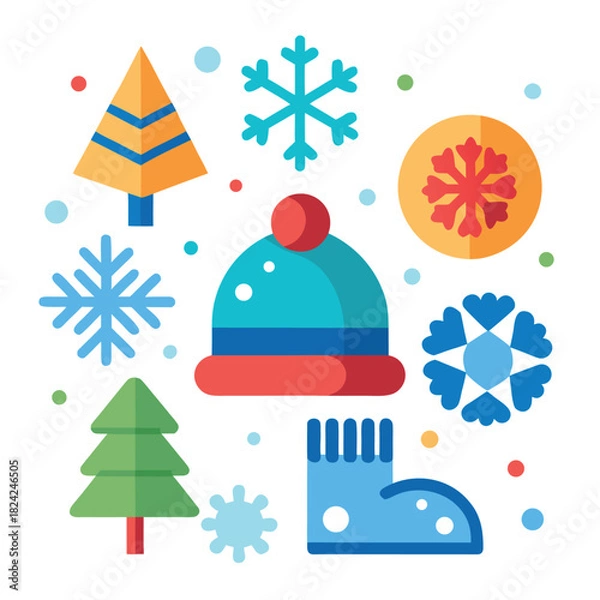 Obraz Cute winter icons in flat outline style, including, snowflakes, ornaments, and a Santa hat, with soft colors and clean line art